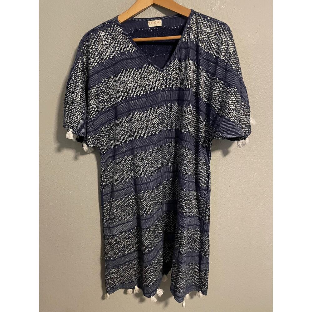 Lula Soul Dress Womens Medium Blue White Tassel Cotton Tunic Cover Up Boho Beach